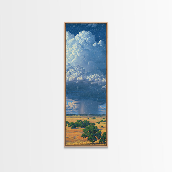 Sunlit Rain Shaft Over African Plains Framed Canvas Print, Blue Sky Landscape Wall Decor, Serengeti Nature Art Gift For Living Room