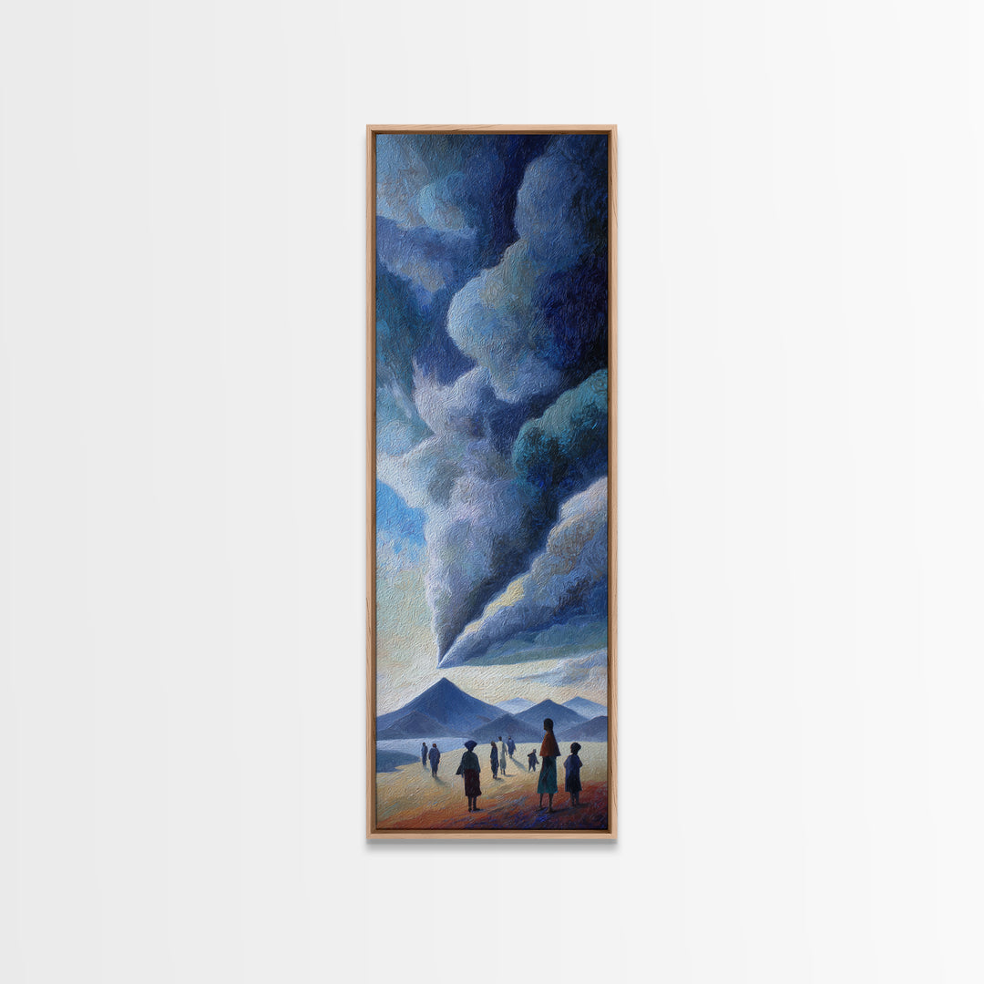 Figures Facing A Whirling Cloud Plume Canvas Print, African Landscape Wall Art, Volcano Sky, Mystical Safari Decor Gift For Home