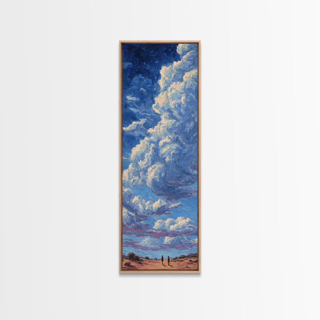 Desert Walkers Under Sculpted Blue Clouds Wall Art, African Landscape Canvas Print, Modern Safari Decor For Living Room Gift
