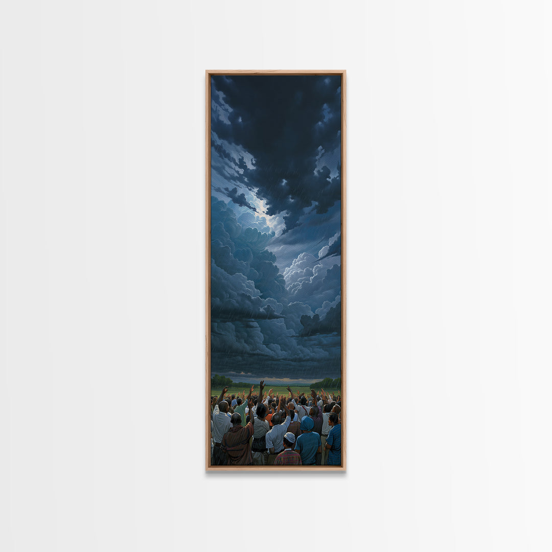 Dramatic Storm Clouds Over African Crowd Wall Art, Afrocentric Landscape Print, Black Culture Decor, Moody Sky Canvas Gift