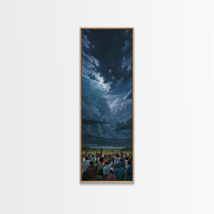 Dramatic Storm Clouds Over African Crowd Wall Art, Afrocentric Landscape Print, Black Culture Decor, Moody Sky Canvas Gift