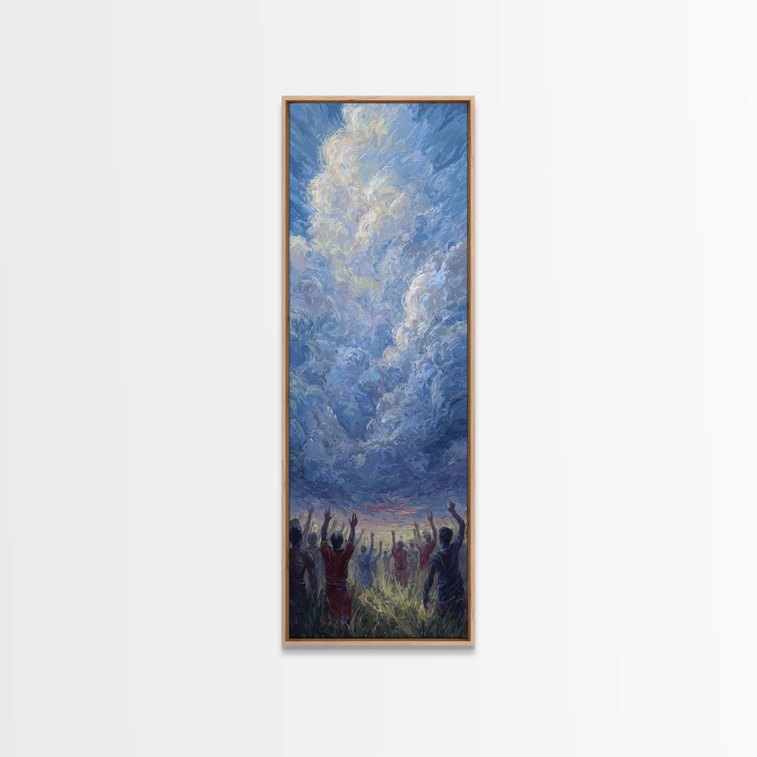 Expressive Blue Sky And Uplifted African Figures Wall Art, Afrocentric Decor, Spiritual Cloud Painting, Hopeful Gift For Home