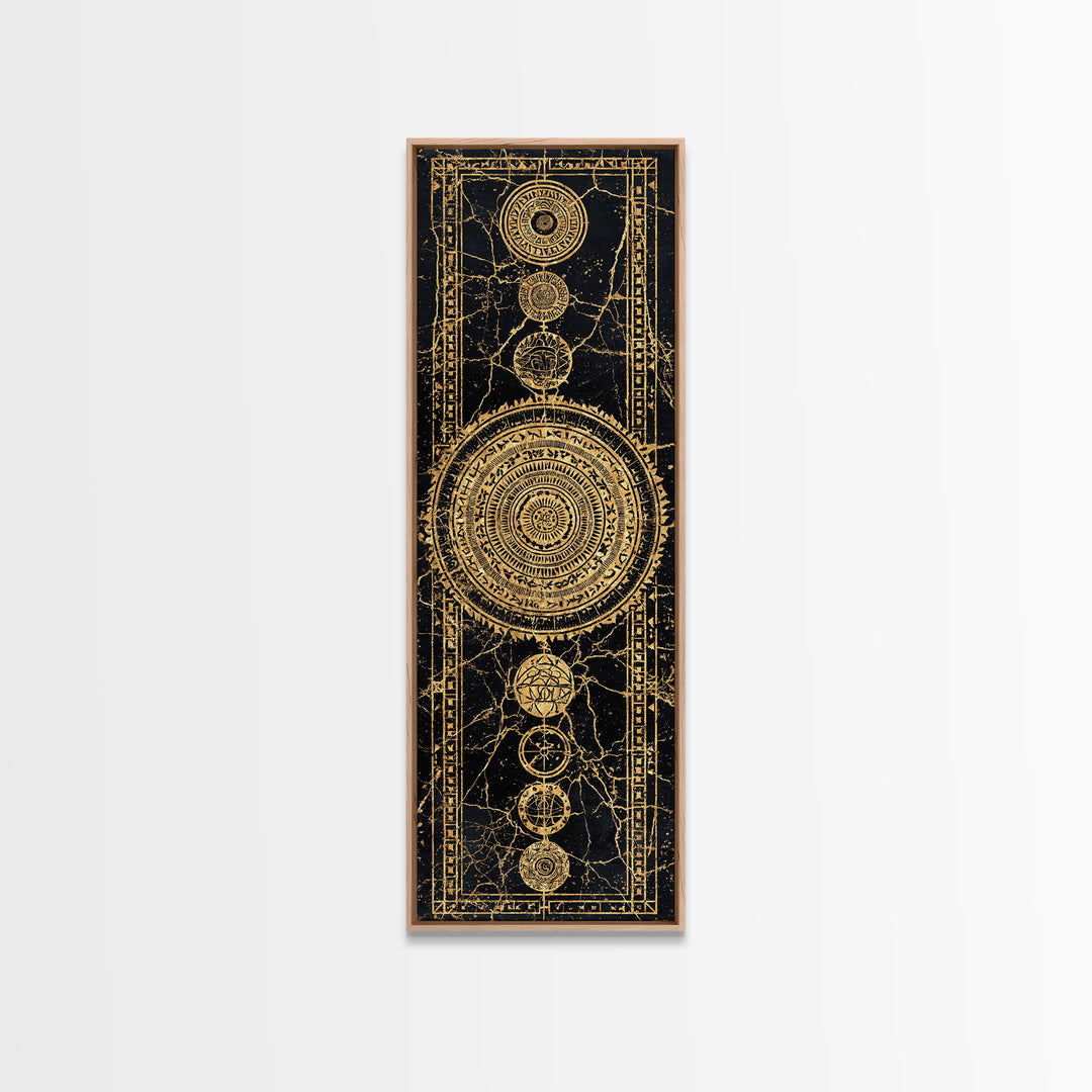 Gold Celestial Mandala Symbols On Black Canvas Print, African Abstract Wall Decor, Tribal Pattern Art, Luxe Mystic Home Gift