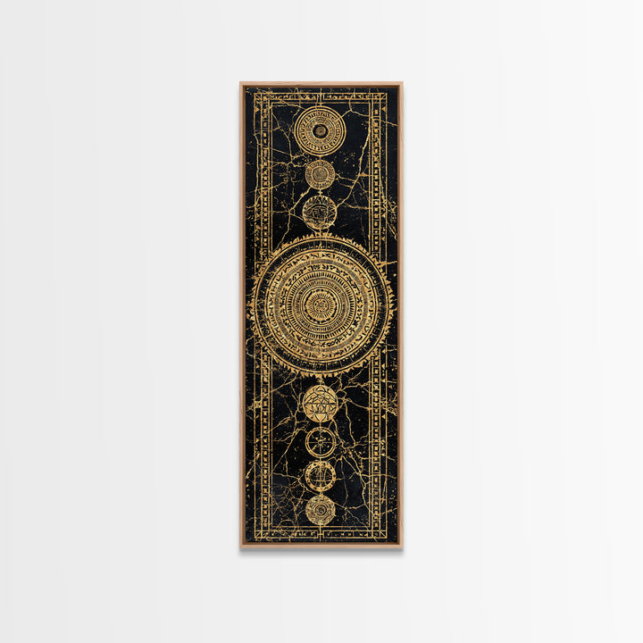 Gold Celestial Mandala Symbols On Black Canvas Print, African Abstract Wall Decor, Tribal Pattern Art, Luxe Mystic Home Gift