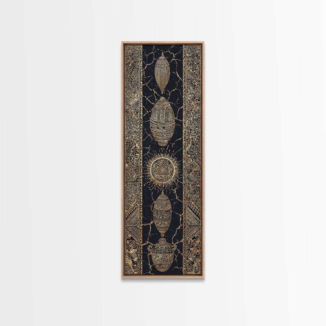 Gold Beetle Talisman And Sun Symbols Framed Canvas Print, African Tribal Decor, Mystic Black Wall Art, Luxe Gift For Unique Home Decor