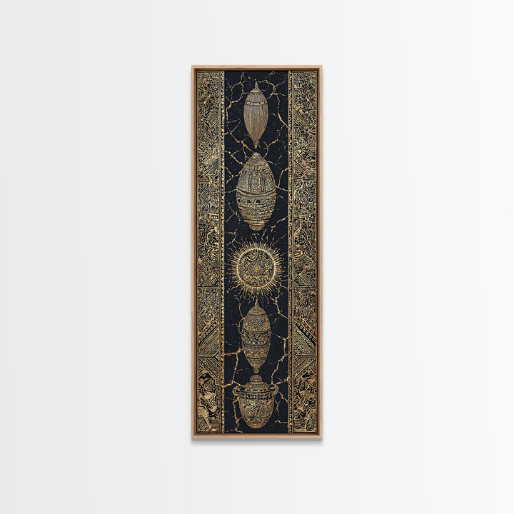 Gold Beetle Talisman And Sun Symbols Framed Canvas Print, African Tribal Decor, Mystic Black Wall Art, Luxe Gift For Unique Home Decor