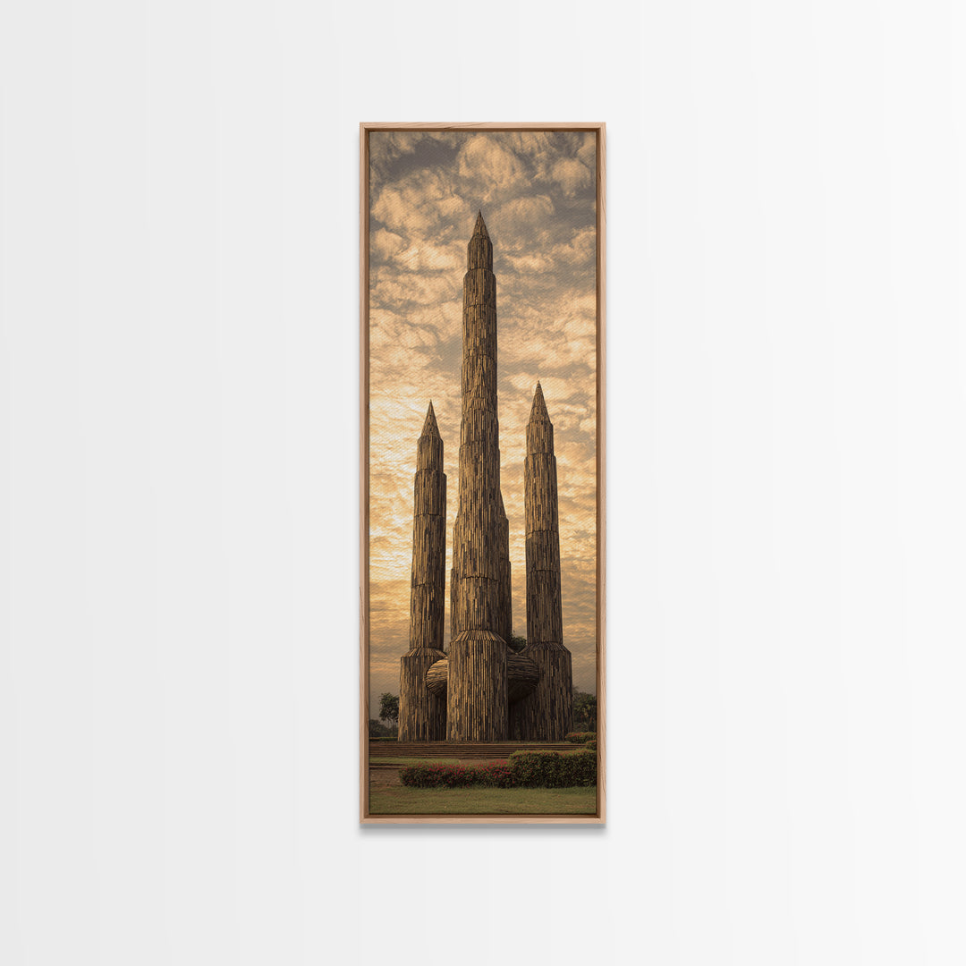 Tall Carved Wooden African Towers At Sunset Canvas Print, Tribal Architecture Wall Decor, Earth Tone Statement Art Gift For Home