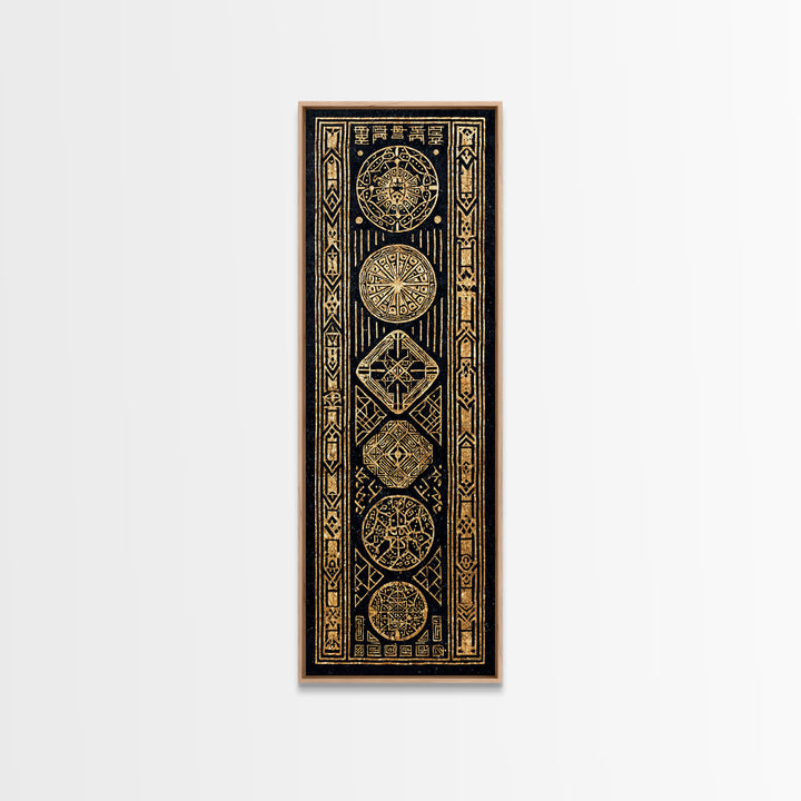 Gold Tribal Medallion Symbols On Black Framed Canvas Print, African Abstract Wall Decor, Mystic Pattern Art Gift For Home Decor