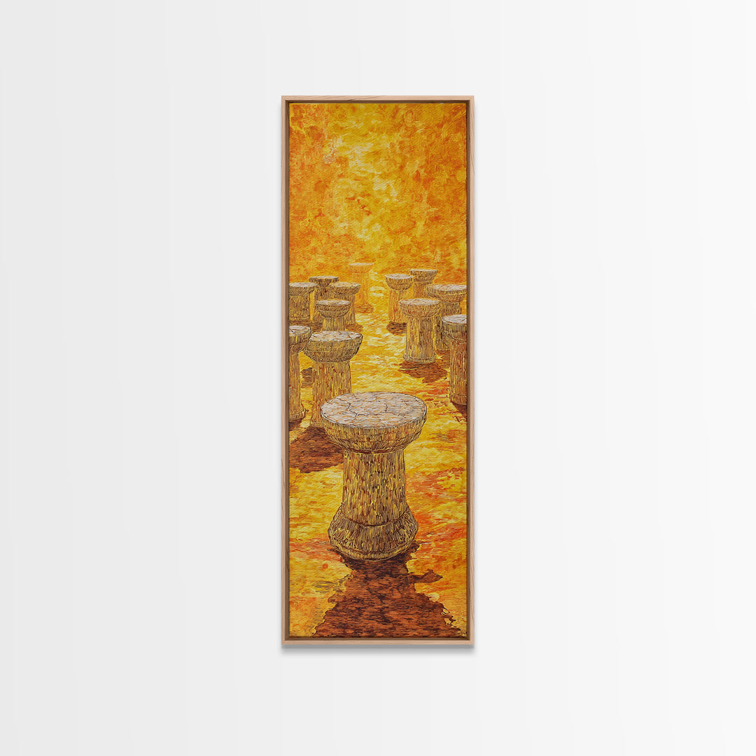 Golden African Stool Landscape Wall Art, Warm Orange Textured Painting, Unique Canvas Decor For Safari Inspired Home Decor