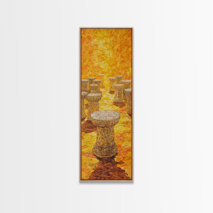 Golden African Stool Landscape Wall Art, Warm Orange Textured Painting, Unique Canvas Decor For Safari Inspired Home Decor