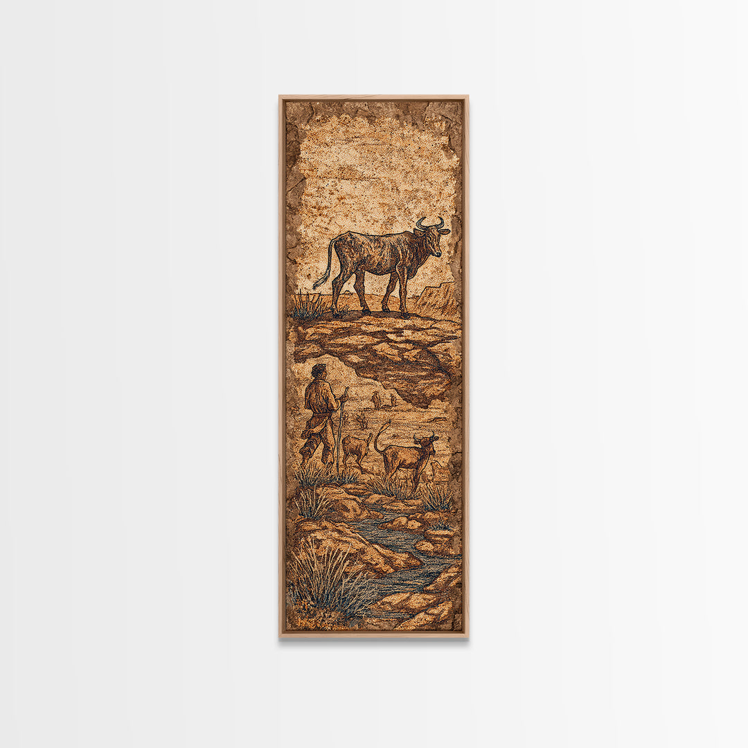 Ancient Cattle Herder Cave Painting Wall Art, African Safari Art Print, Rustic Tribal Landscape Decor For Home Office Decor