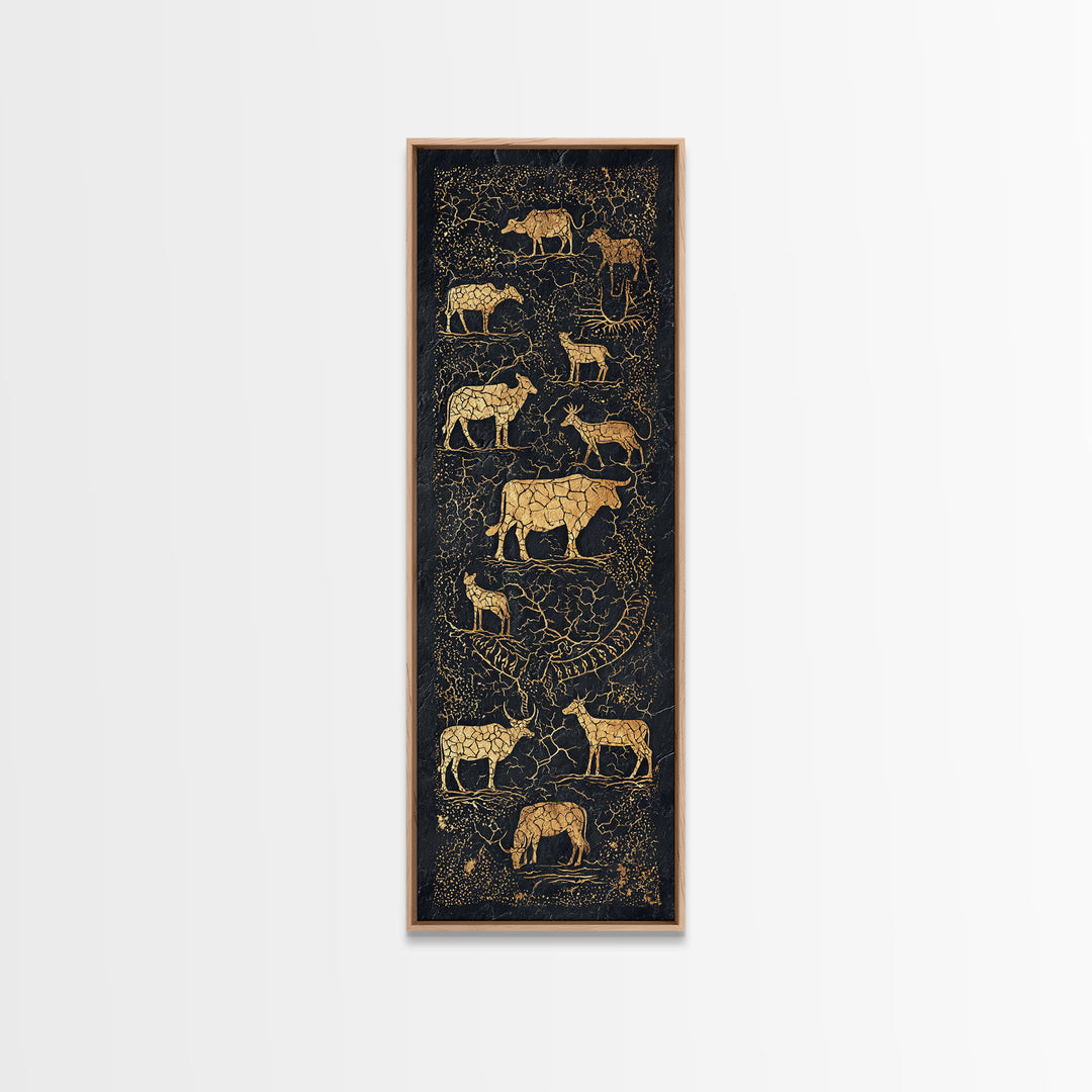 Gold Animal Silhouette African Safari Wall Art, Black Crackle Wildlife Canvas Decor, Tribal Art Print For Living Room Home Decor