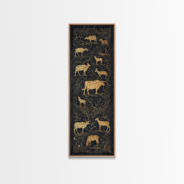Gold Animal Silhouette African Safari Wall Art, Black Crackle Wildlife Canvas Decor, Tribal Art Print For Living Room Home Decor