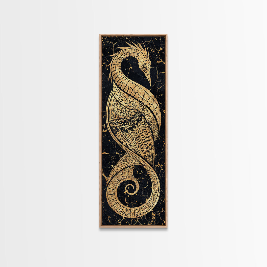 Gold Crane Heron Line Art Canvas Print, Black And Gold African Inspired Bird, Elegant Tribal Luxury Geometric Wall Decor Gift