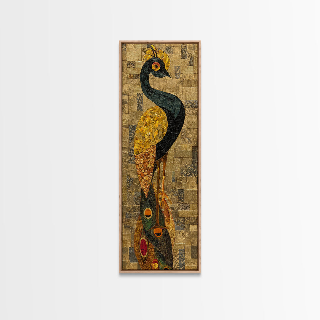 Tall Peacock Tribal Bird Framed Canvas Print, African Inspired Gold Mosaic Portrait, Elegant Cultural Wall Home Decor Gift