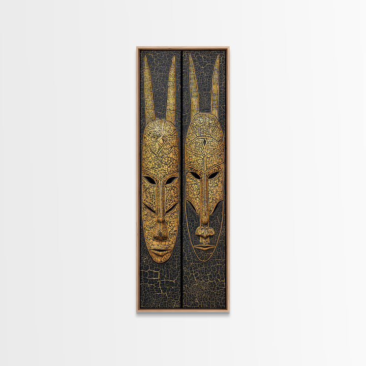 Gold Tribal Mask Diptych Wall Art, African Mask Art, African Tribal Decor, Black Gold Canvas, Afrocentric Home Decor Gift