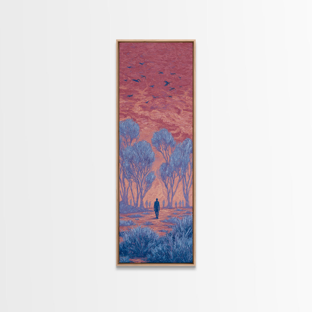 Pink Sunset Landscape Canvas Print, African Landscape, Dreamy Wall Art, Nature Scene Art, Blue Trees, Birds, Large Decor Art