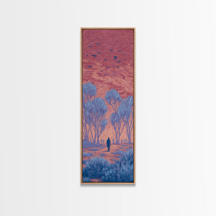 Pink Sunset Landscape Canvas Print, African Landscape, Dreamy Wall Art, Nature Scene Art, Blue Trees, Birds, Large Decor Art