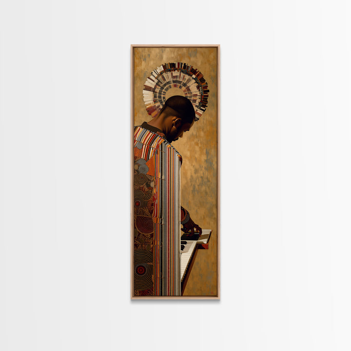 African Pianist With Halo Headdress Wall Art, Afrocentric Portrait, Black Culture Decor, Modern African Art, Music Room Canvas