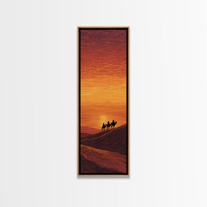 Sunset Camel Caravan Over Desert Dunes Canvas Print, African Landscape, Sahara Travel Wall Decor, Warm Orange Safari Art