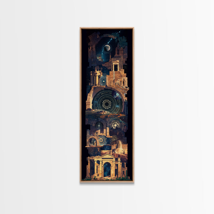 Ancient Temple Night Wall Art, Mystical Ruins Under Moon, African Inspired Architecture, Spiritual Blue Gold Home Decor Gift