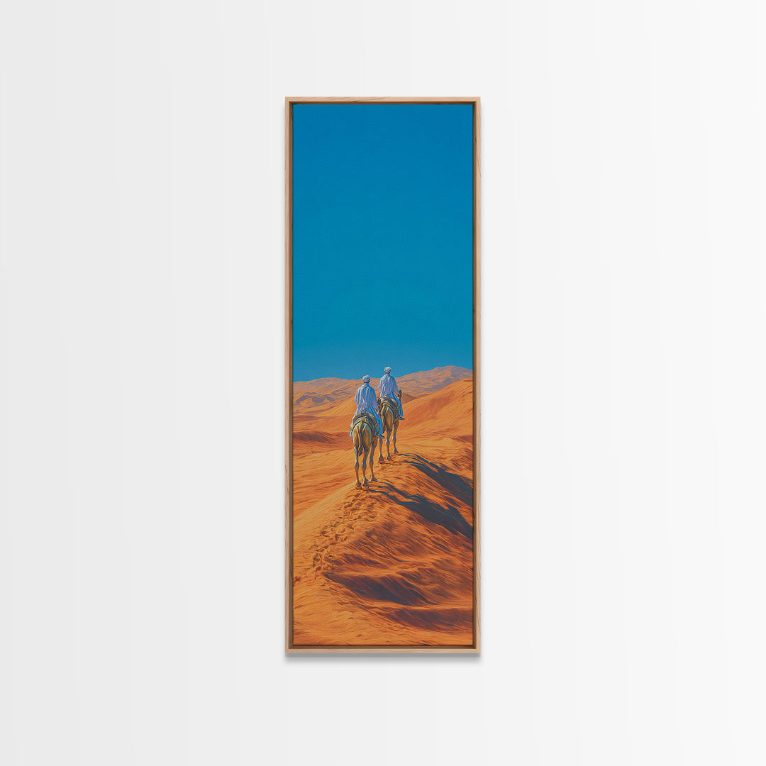Blue Nomad Riders Crossing Orange Desert Dunes Wall Art, African Safari Decor, Modern Canvas, Boho Living Room Artwork Prints