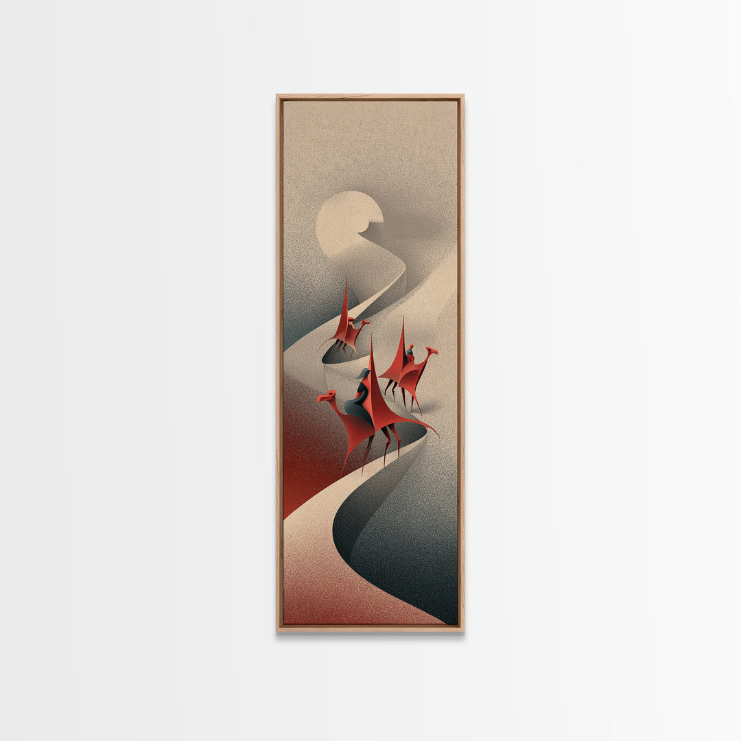 Red Crowned Birds On Winding Moonlit River Canvas Print, Abstract African Art, Elegant Boho Wall Decor, Modern Home Gift