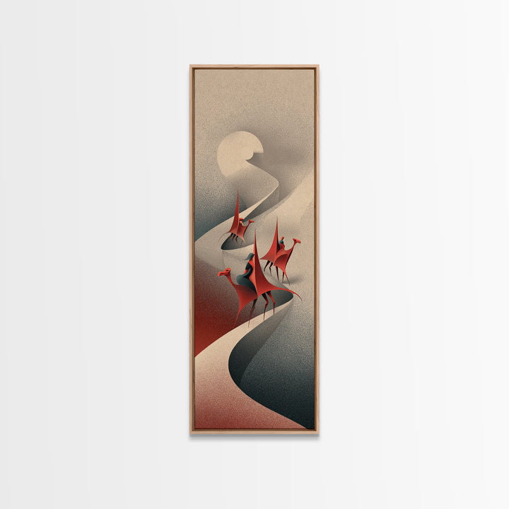 Red Crowned Birds On Winding Moonlit River Canvas Print, Abstract African Art, Elegant Boho Wall Decor, Modern Home Gift
