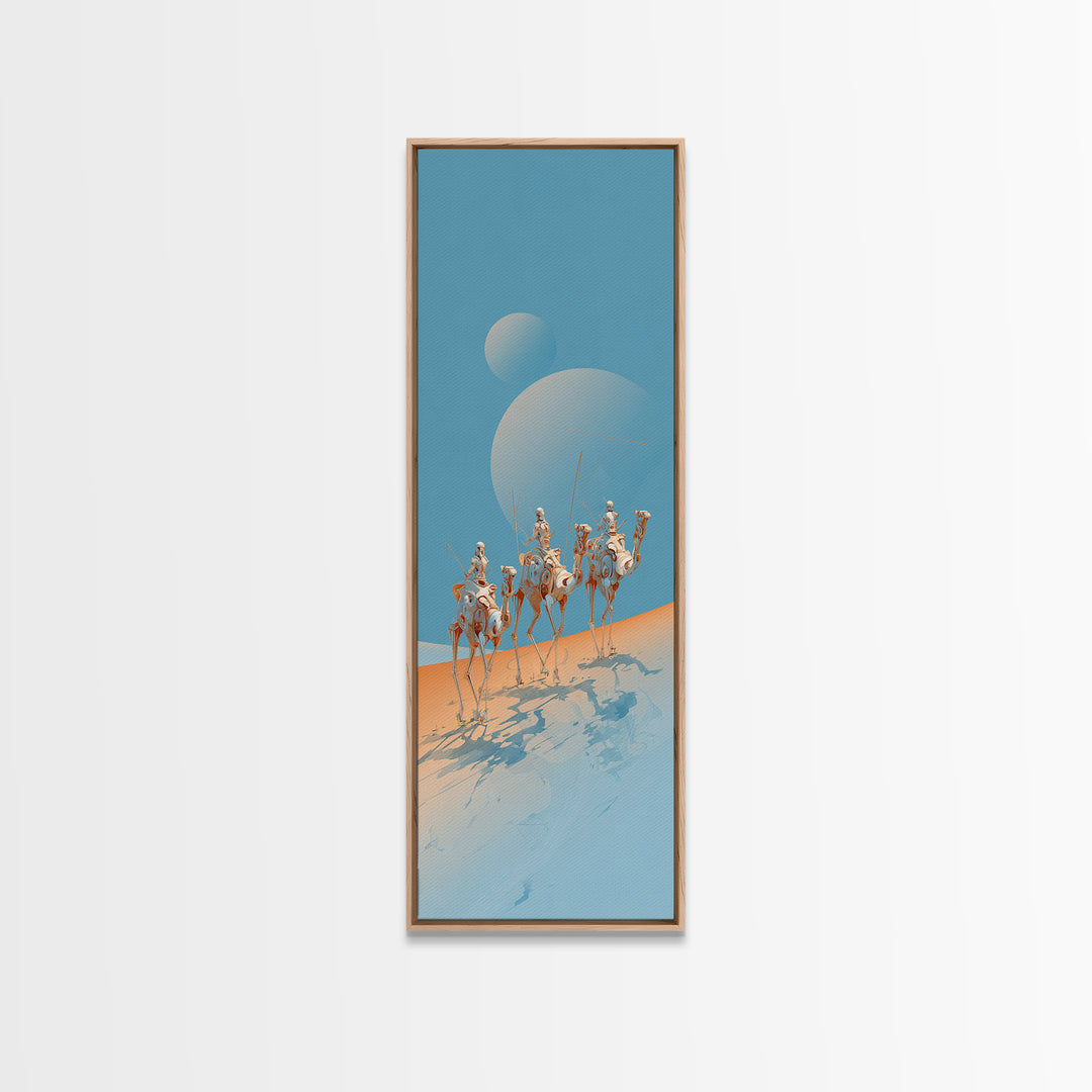 White Camel Riders Beneath Pale Blue Moons Framed Canvas Print, African Safari Art, Dreamy Desert Decor, Unique Wall Artwork
