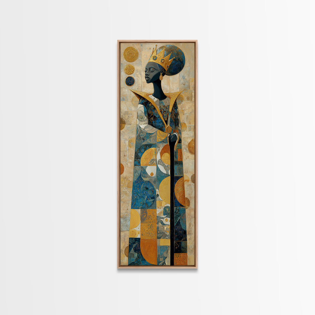 Crowned African Queen With Gold And Teal Geometry Canvas Print, Black Woman Art, Afrocentric Wall Decor, Elegant Home Gift