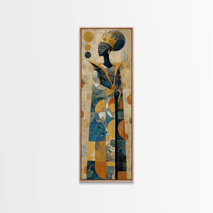 Crowned African Queen With Gold And Teal Geometry Canvas Print, Black Woman Art, Afrocentric Wall Decor, Elegant Home Gift