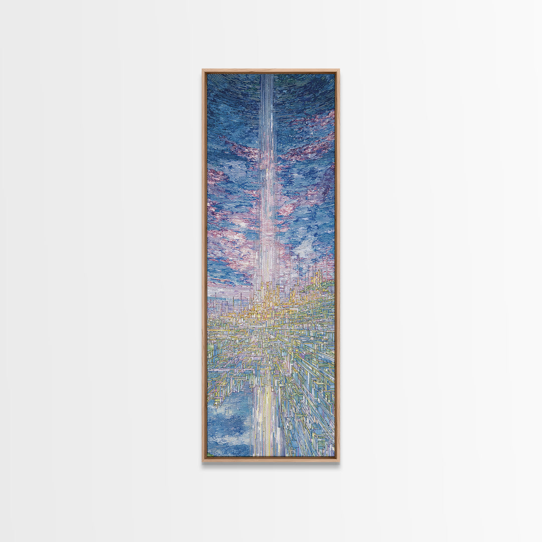 Radiant Sky Beam Utopia Framed Canvas Print, Futuristic City Wall Art, Blue Cloudscape, Dreamy Modern Home Decor, Large Decor Art