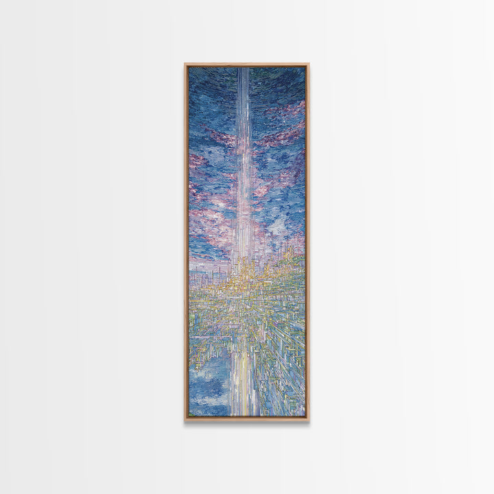 Radiant Sky Beam Utopia Framed Canvas Print, Futuristic City Wall Art, Blue Cloudscape, Dreamy Modern Home Decor, Large Decor Art