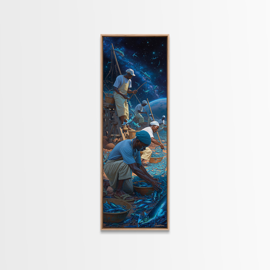 Starlit Fishermen Sorting Blue Catch Framed Canvas Print, Cosmic Seascape Wall Art, Coastal Work Scene, Unique Decor, Gift For Him