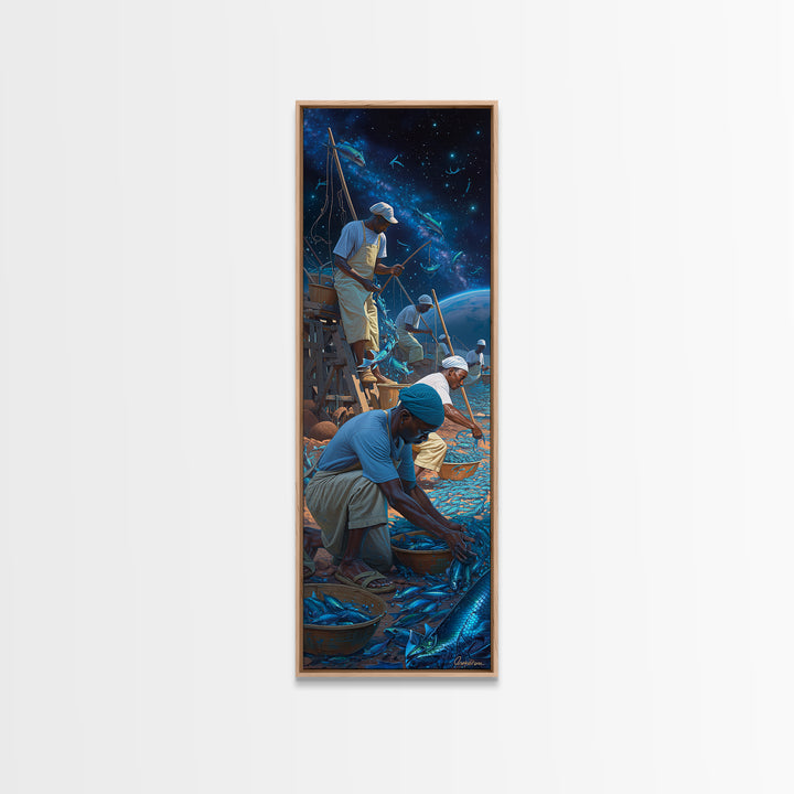 Starlit Fishermen Sorting Blue Catch Framed Canvas Print, Cosmic Seascape Wall Art, Coastal Work Scene, Unique Decor, Gift For Him