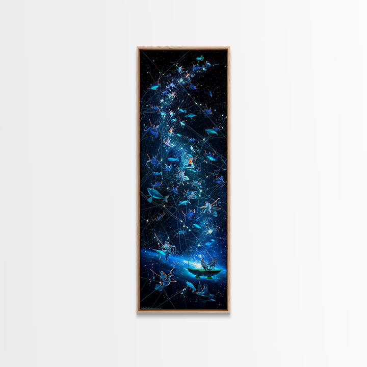 Glowing Fish Constellation Wall Art, Cosmic Ocean Canvas Print, Blue Galaxy Sea Life, Dreamy Nautical Modern Decor, Large Decor Art