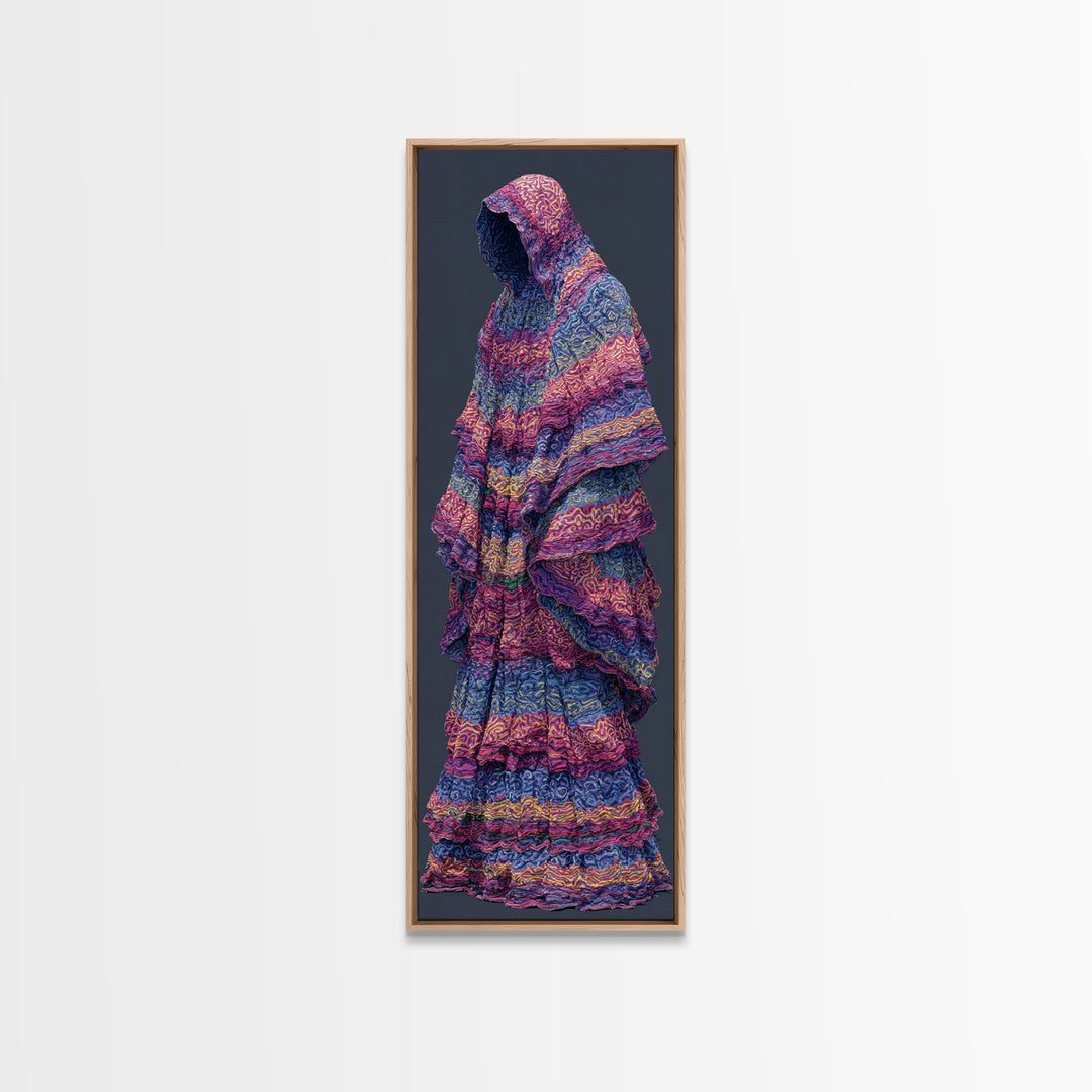 Hooded Indigo Textile Woman Canvas Print, African Woman Art, Pink Blue Patterned Robe, Feminine Boho Wall Decor Gift For Her