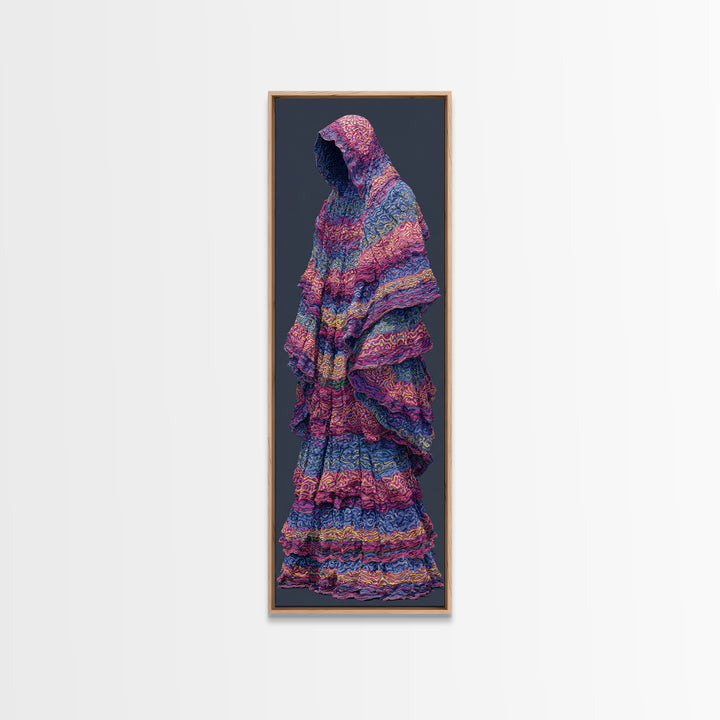 Hooded Indigo Textile Woman Canvas Print, African Woman Art, Pink Blue Patterned Robe, Feminine Boho Wall Decor Gift For Her