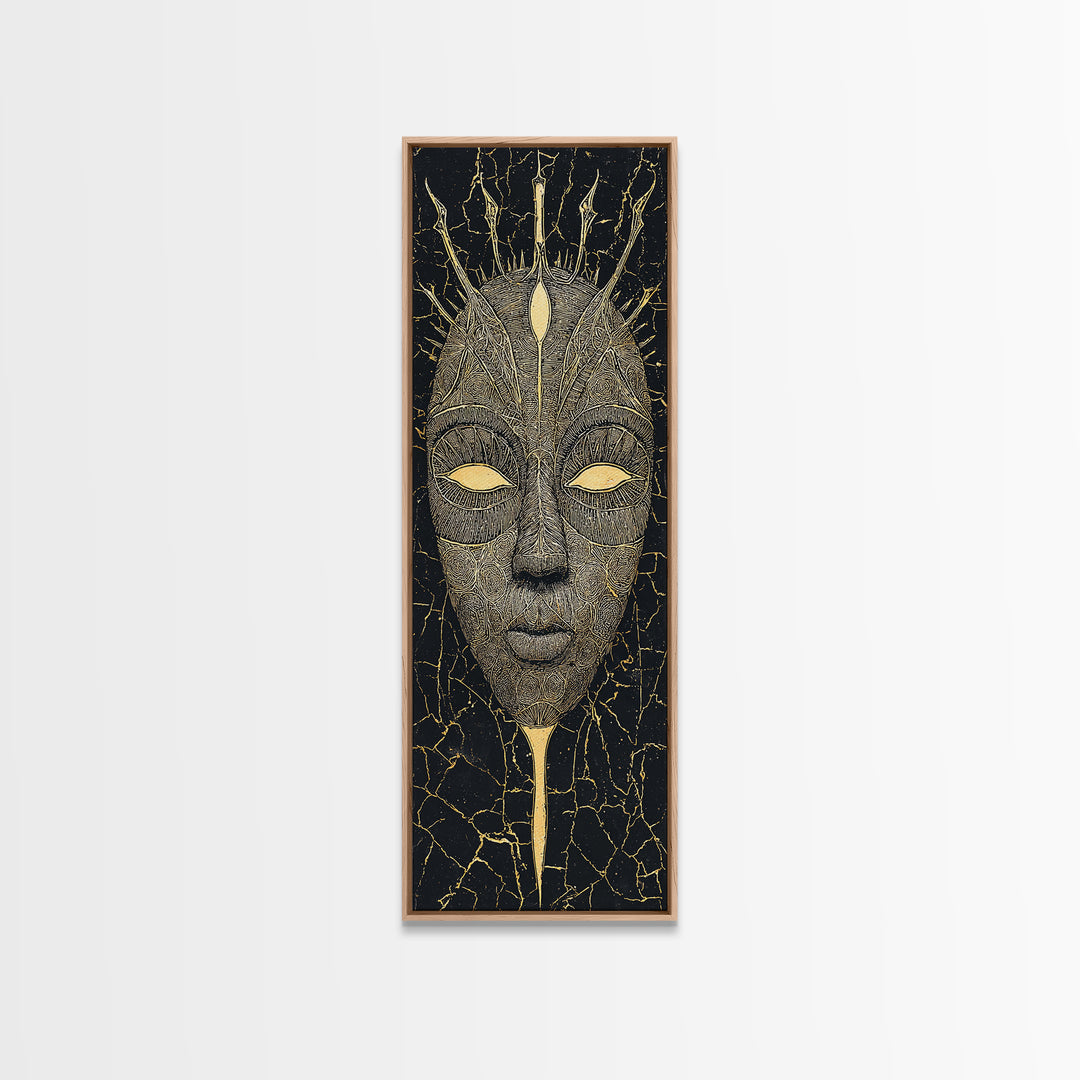 Crowned Ritual Mask Canvas Print, Golden African Tribal Art, Black Gold Face Portrait, Spiritual Wall Decor Gift For Home