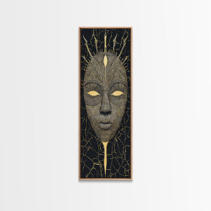 Crowned Ritual Mask Canvas Print, Golden African Tribal Art, Black Gold Face Portrait, Spiritual Wall Decor Gift For Home