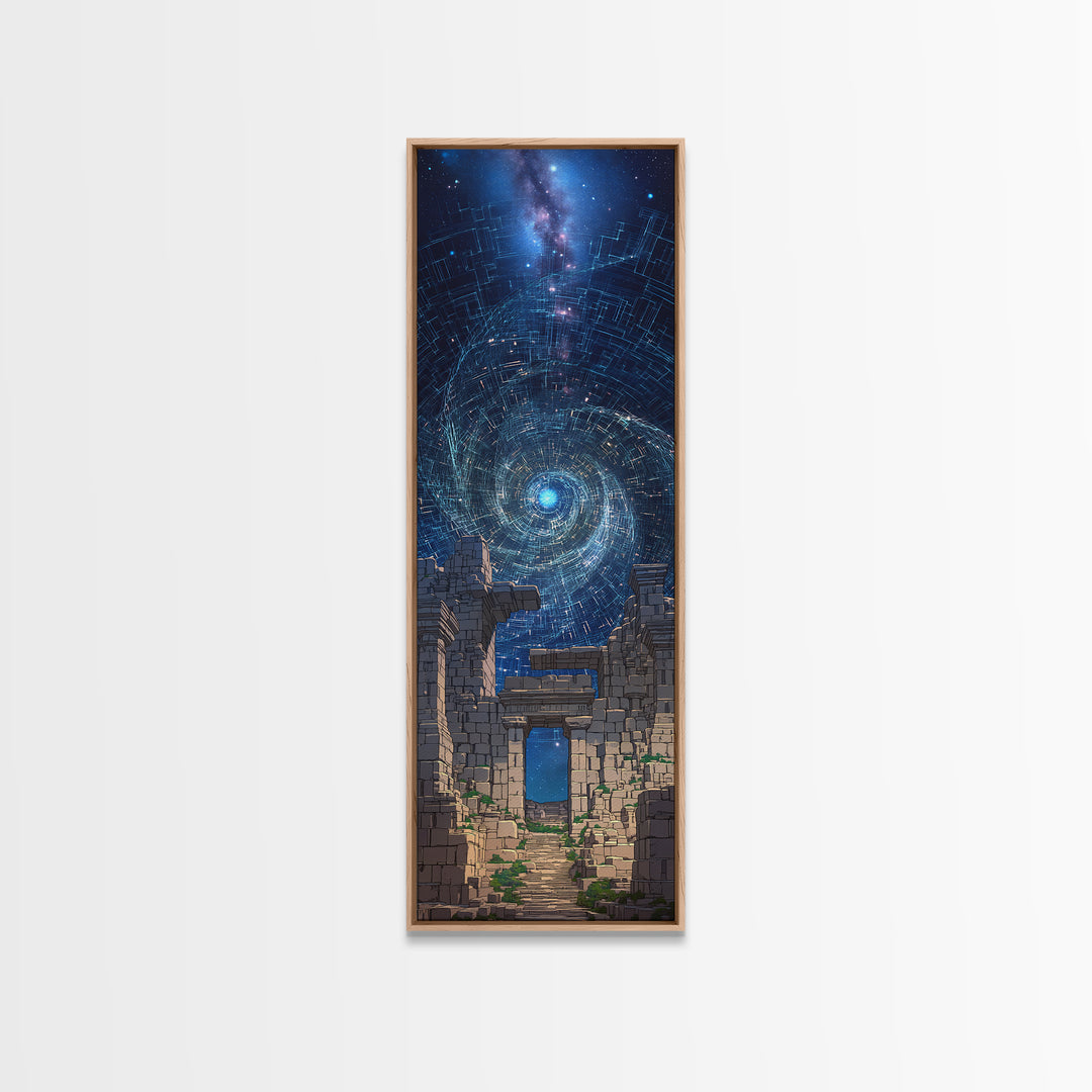 Cosmic Spiral Portal Over Ancient Ruins Canvas Print, Starry Galaxy Wall Decor, Mystical Wall Art, Blue Fantasy Gift For Her