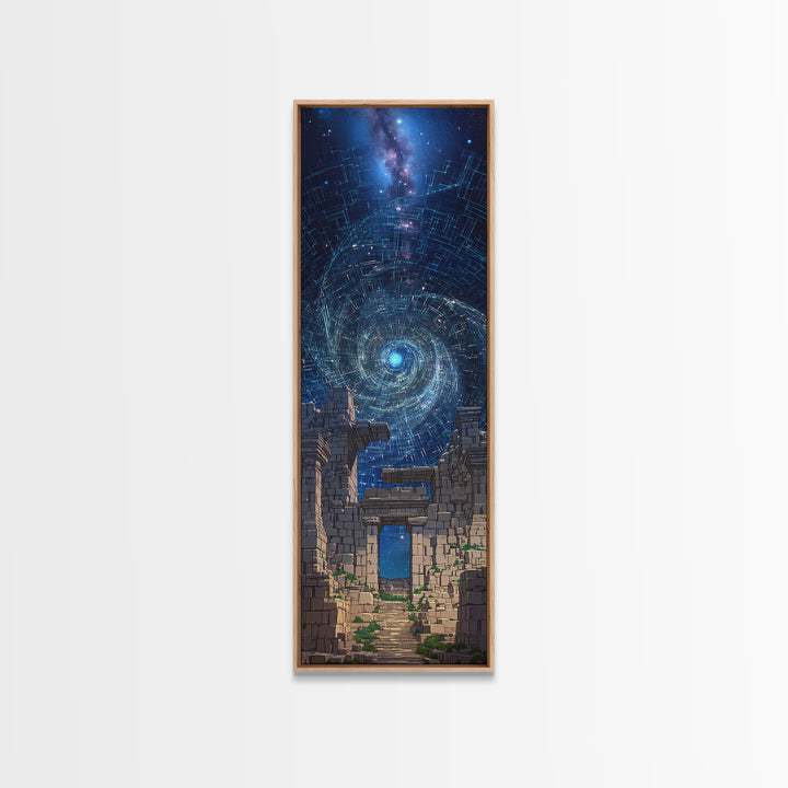 Cosmic Spiral Portal Over Ancient Ruins Canvas Print, Starry Galaxy Wall Decor, Mystical Wall Art, Blue Fantasy Gift For Her