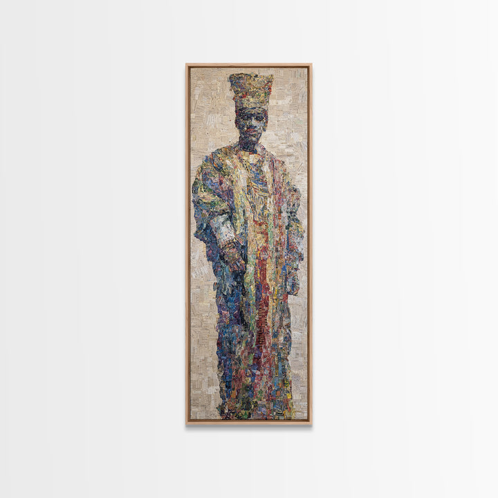 Regal Mosaic African King Framed Canvas Print, Textured Cultural Portrait, Afrocentric Wall Art, Elegant Home Decor Gift