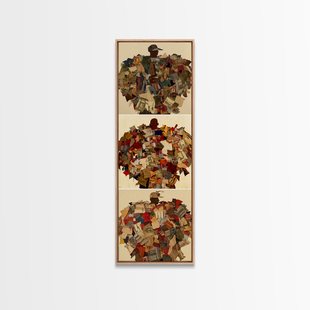 Patchwork Collage Figure Triptych Wall Art, African Fabric Abstract Portraits, Boho Textile Decor, Modern Canvas Print Gift