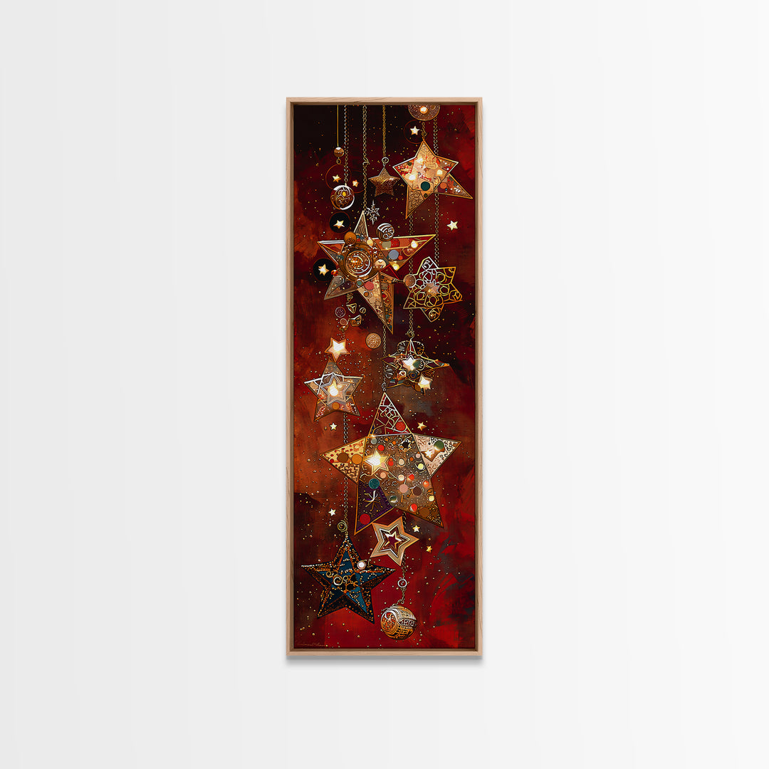 Hanging Mosaic Star Ornaments Framed Canvas Print, Red Celestial Wall Art, Holiday Decor, Bohemian Home Decor Gift For Her