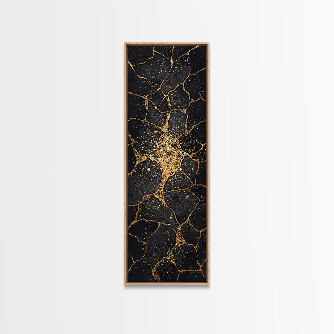 Black Gold Kintsugi Crackle Wall Art, Abstract Stone Canvas Print, Luxury Modern Home Decor, Earth Tone Art Gift For Living Room