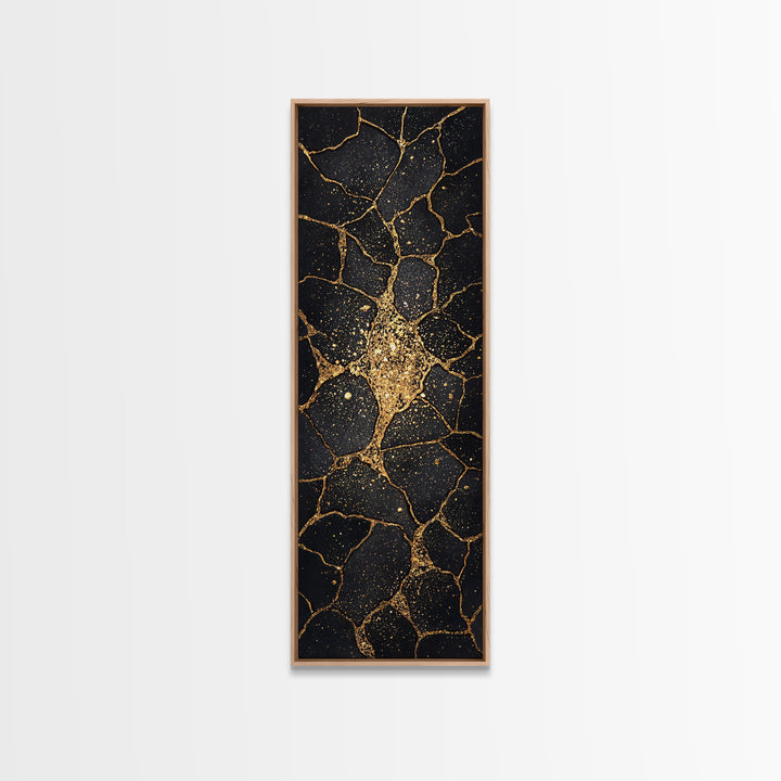 Black Gold Kintsugi Crackle Wall Art, Abstract Stone Canvas Print, Luxury Modern Home Decor, Earth Tone Art Gift For Living Room
