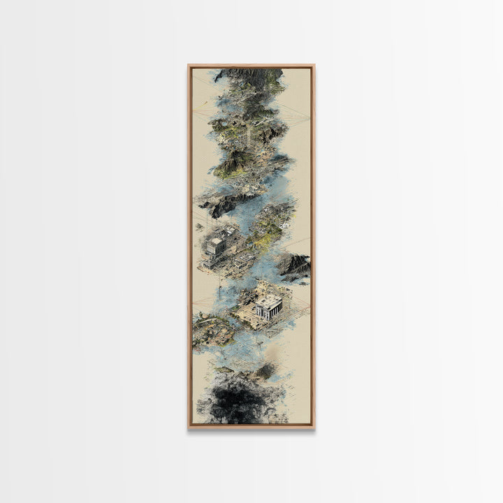 Floating Temple Ruins In Misty Clouds Framed Canvas Print, Ancient African Art Decor, Beige Abstract Landscape Wall Art Gift