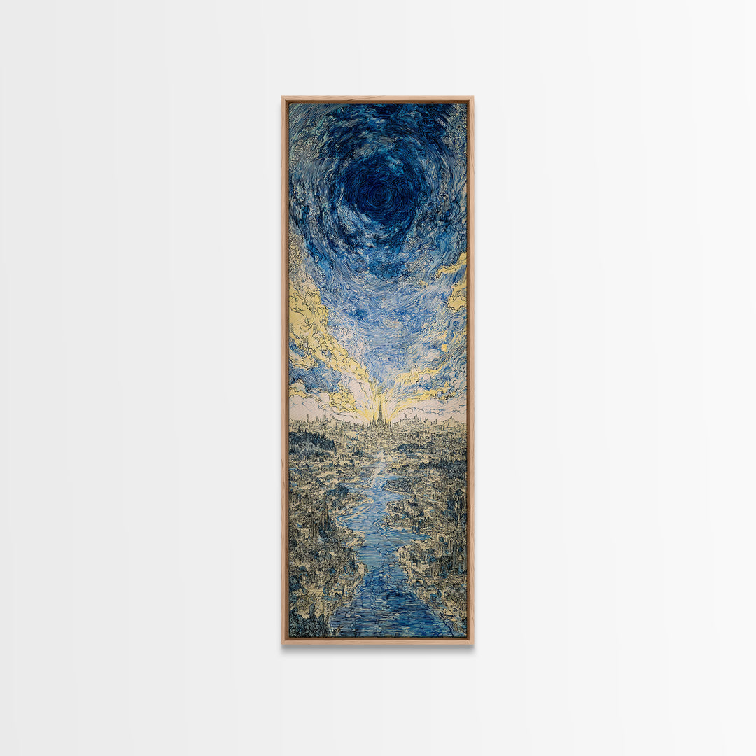 Blue Vortex Sky Above River Valley Wall Art, Abstract Landscape Canvas Print, Modern Nature Scene Art, Dreamy Home Decor