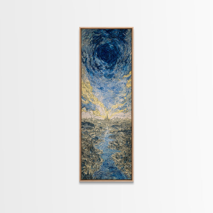 Blue Vortex Sky Above River Valley Wall Art, Abstract Landscape Canvas Print, Modern Nature Scene Art, Dreamy Home Decor